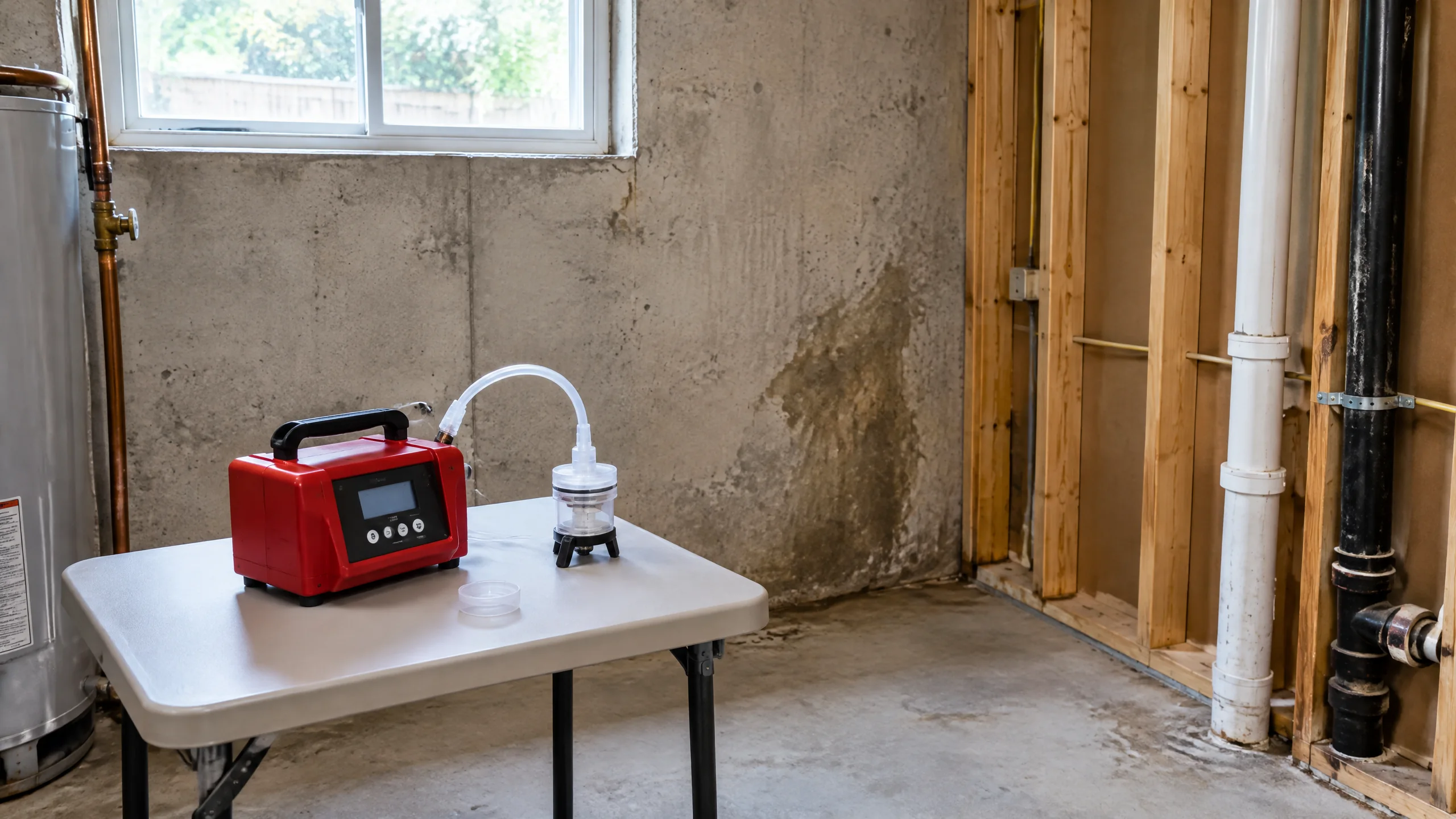 Blue Ash Ohio basement utility corner before remodeling, with a modest moisture stain on a concrete wall, unfinished framing, and an air sampling pump on a small table