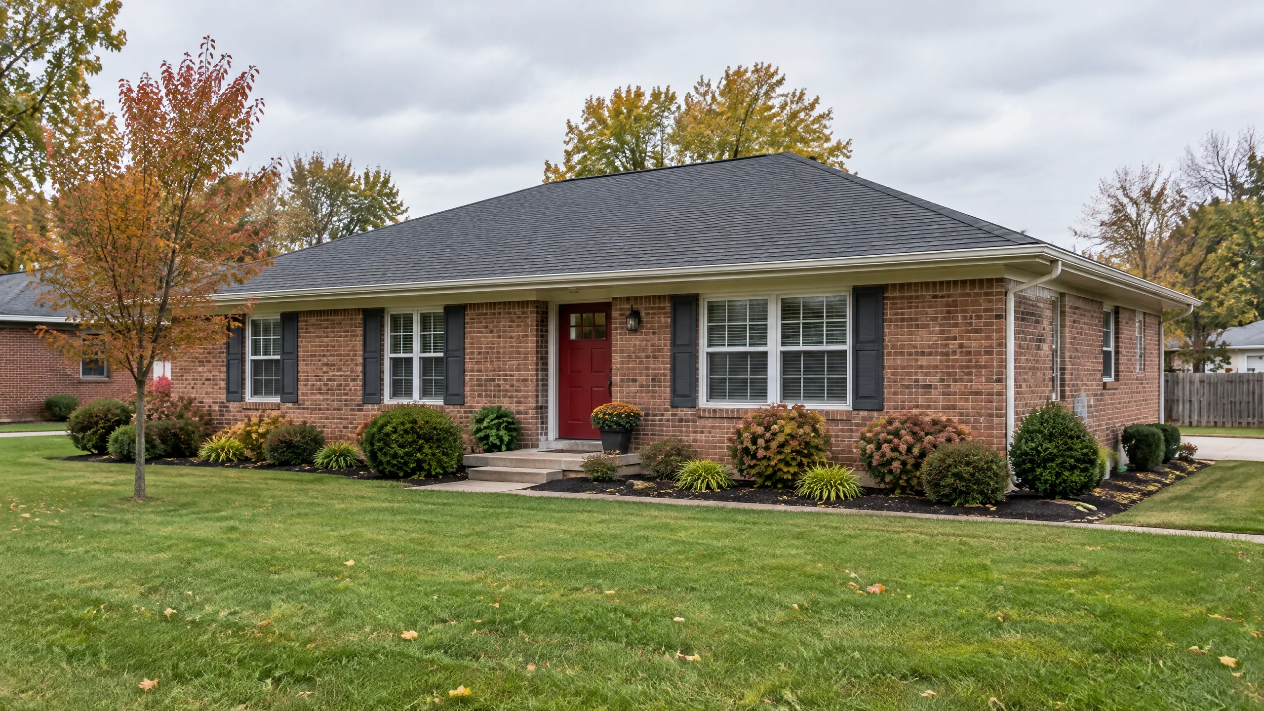 Single-story brick Burlington, Kentucky ranch home with a visible roof, neat lawn, and red front door in soft overcast light