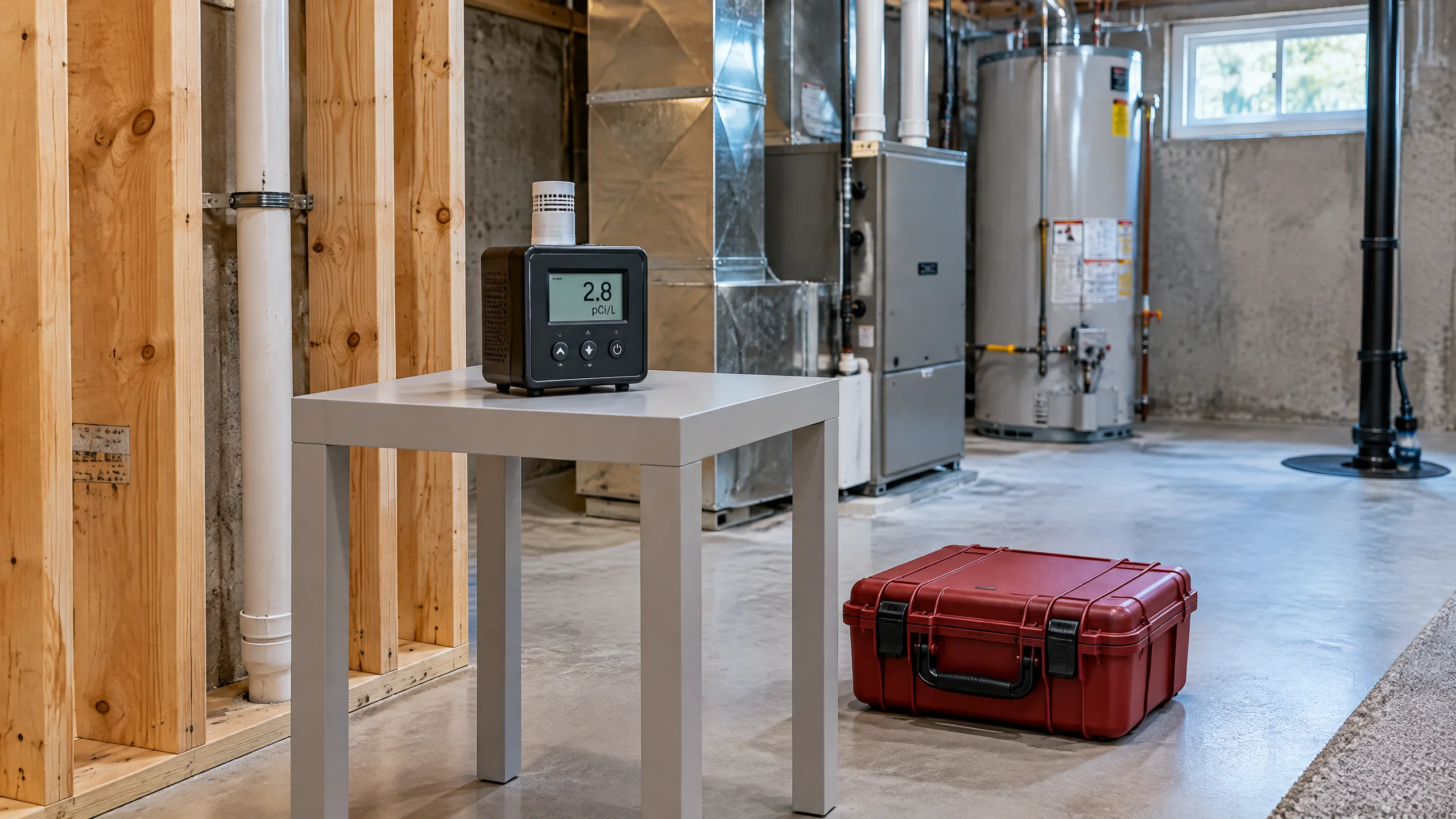 Representative basement scene with a radon monitor, exposed wood framing, and clear utility access; not a Five Star client property.