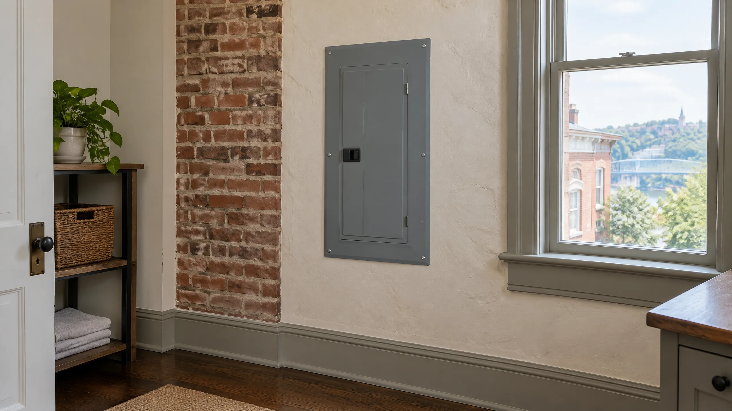 AI-generated representative image of a closed electrical panel beside an older plaster wall in a Covington-style brick home