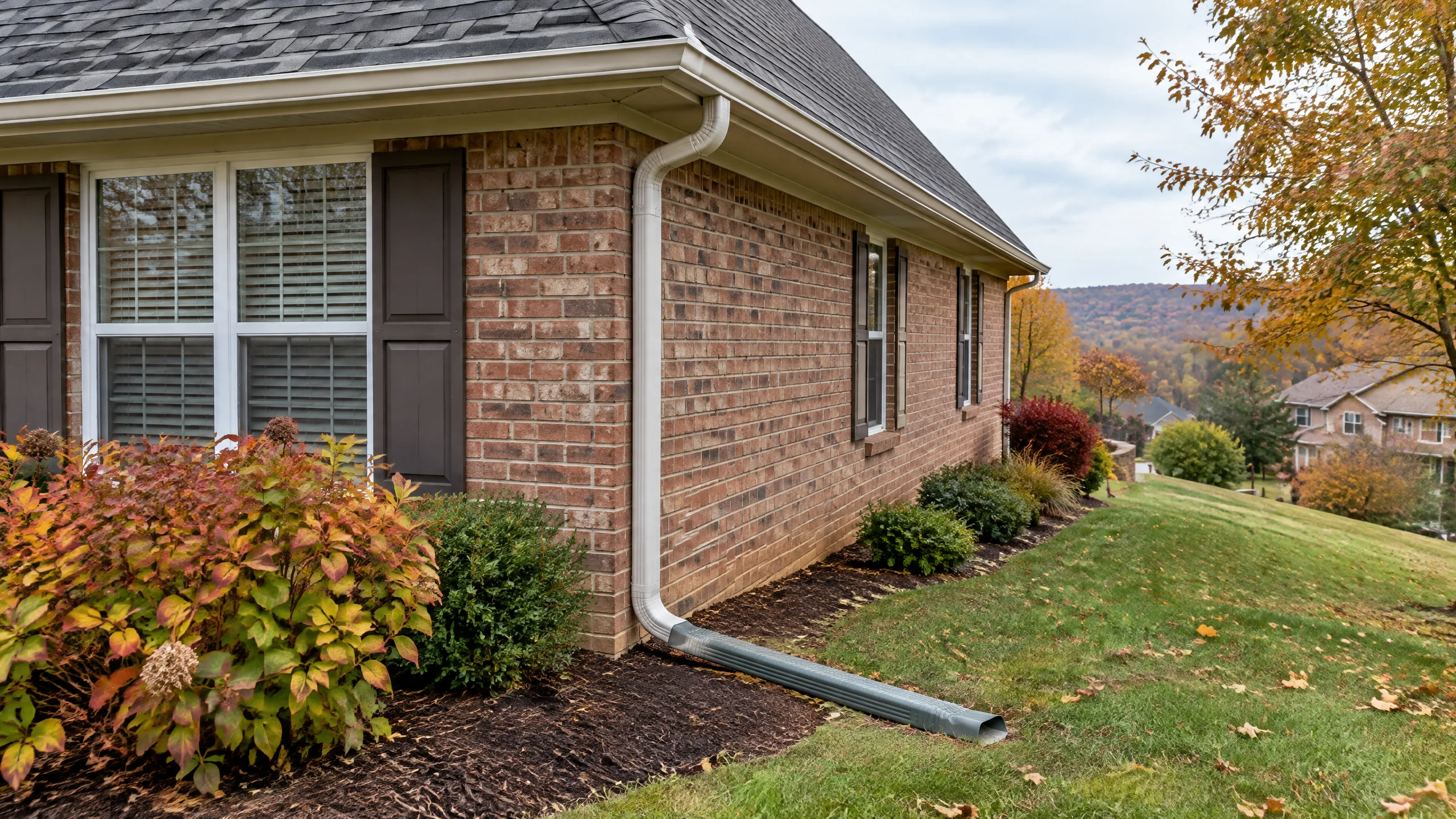 Edgewood-style brick home exterior showing a pitched roof edge, gutter, downspout extension, and ground sloping away, with fall foliage