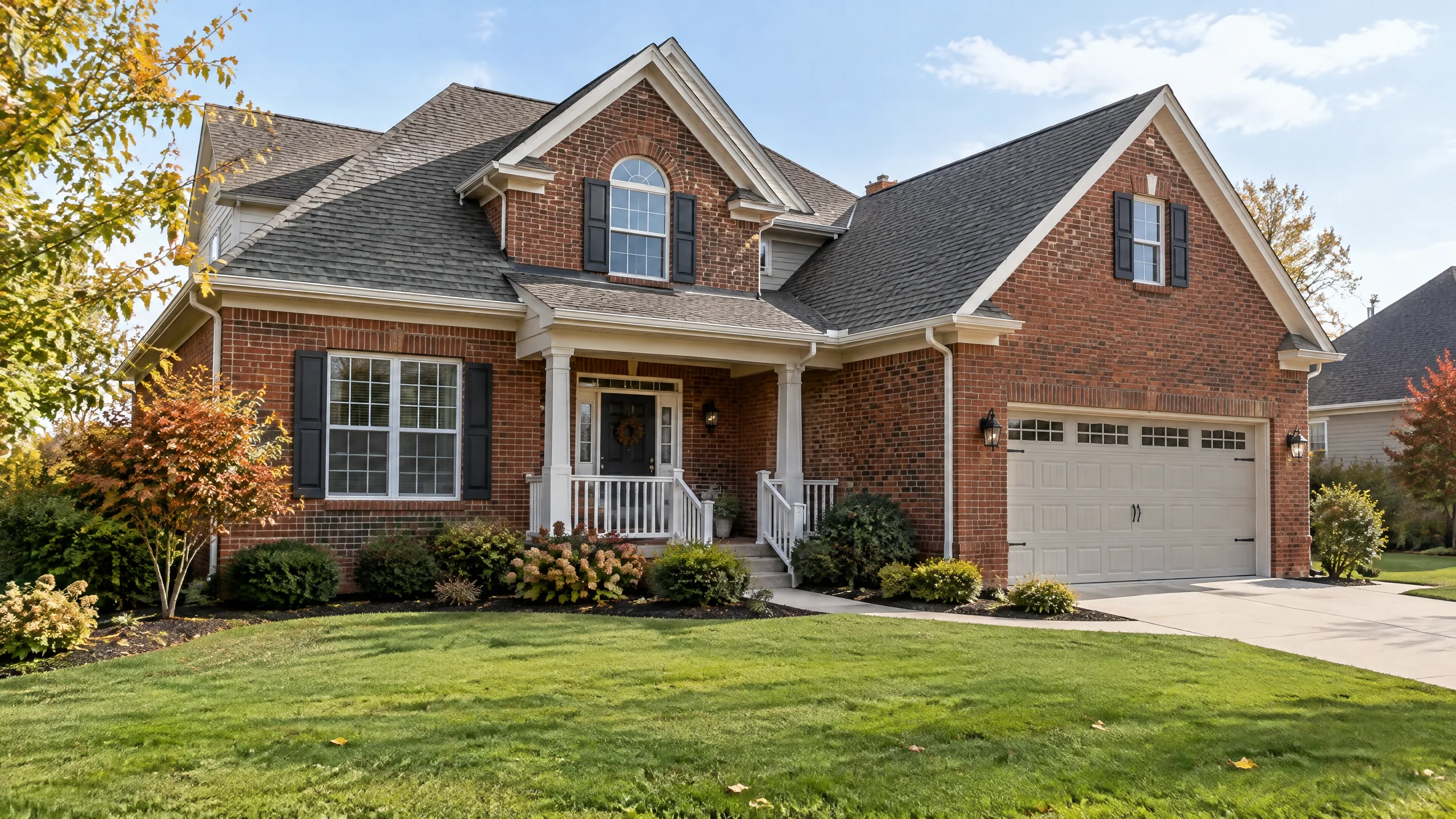 Representative red-brick Florence, Kentucky home with visible gutters, a repaired porch railing, and tidy landscaping; illustrative image, not an inspected property.