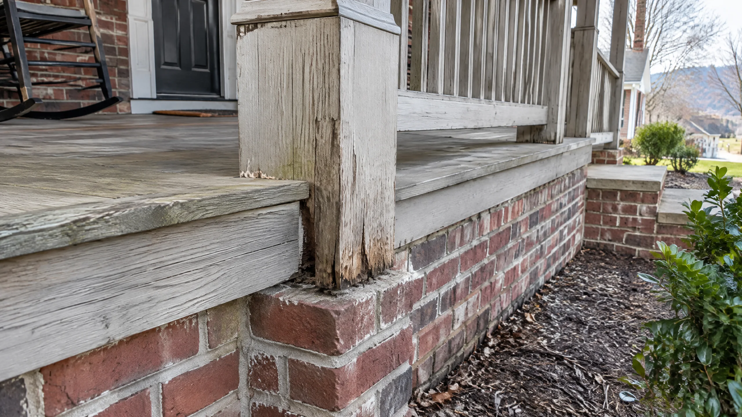 Representative view of a Fort Thomas-style porch timber meeting a masonry base, with weathering visible and no insects shown.
