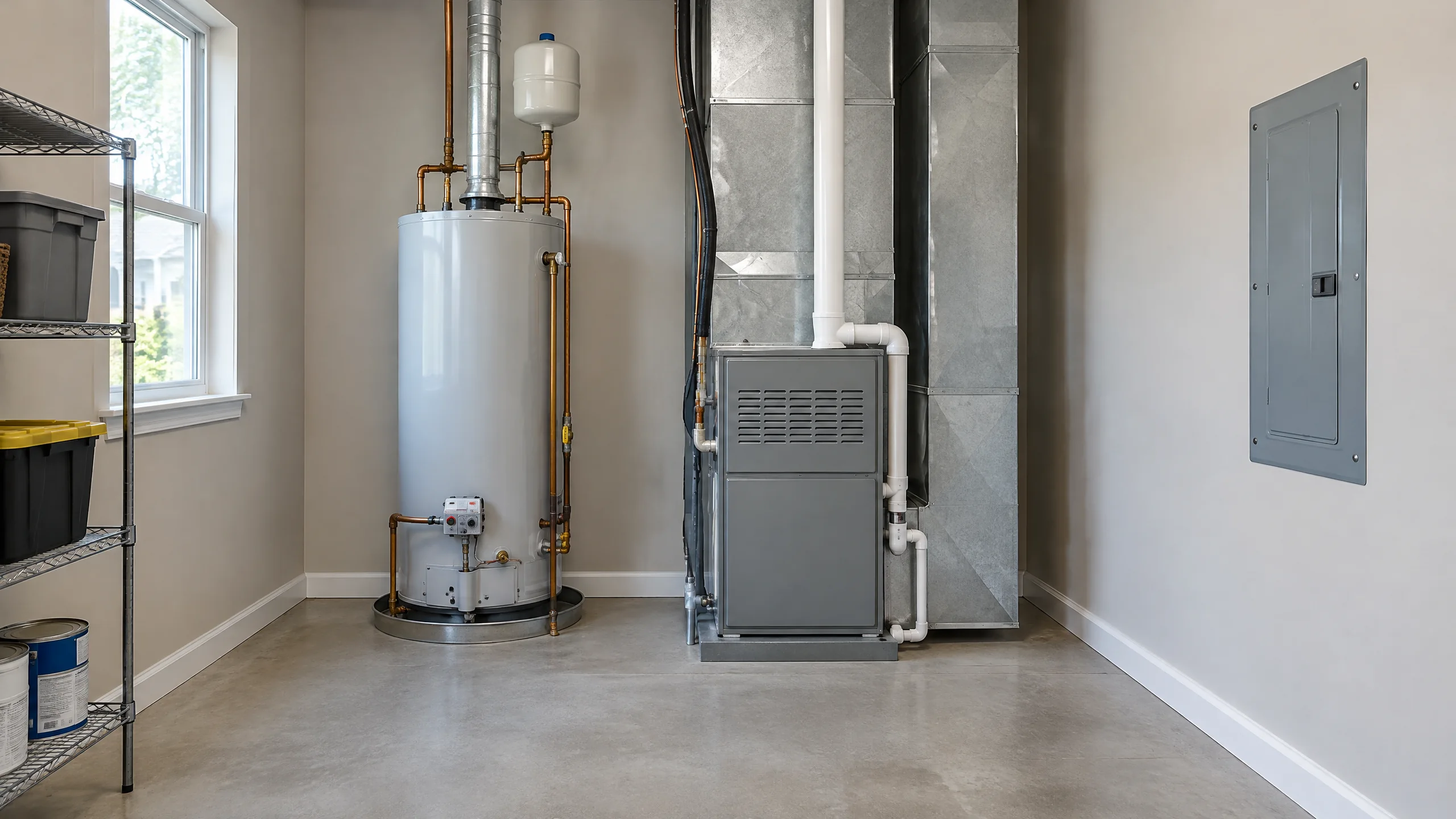Tidy residential utility room with clear walking access to a water heater, furnace, and closed electrical panel