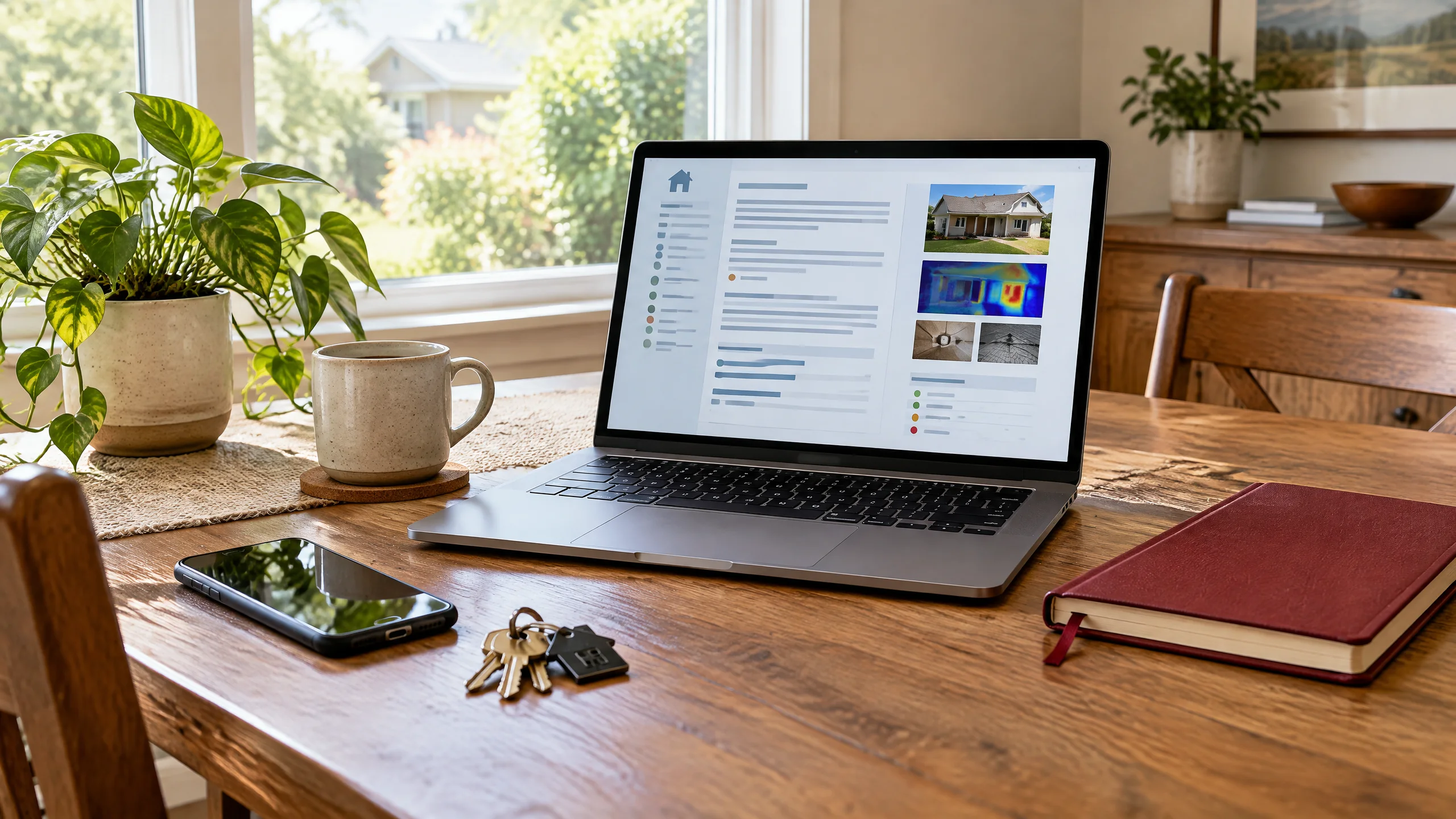 Reviewing a home inspection report A lived-in home's dining table with an open laptop displaying a non-readable report layout, a smartphone, and house keys in window light.