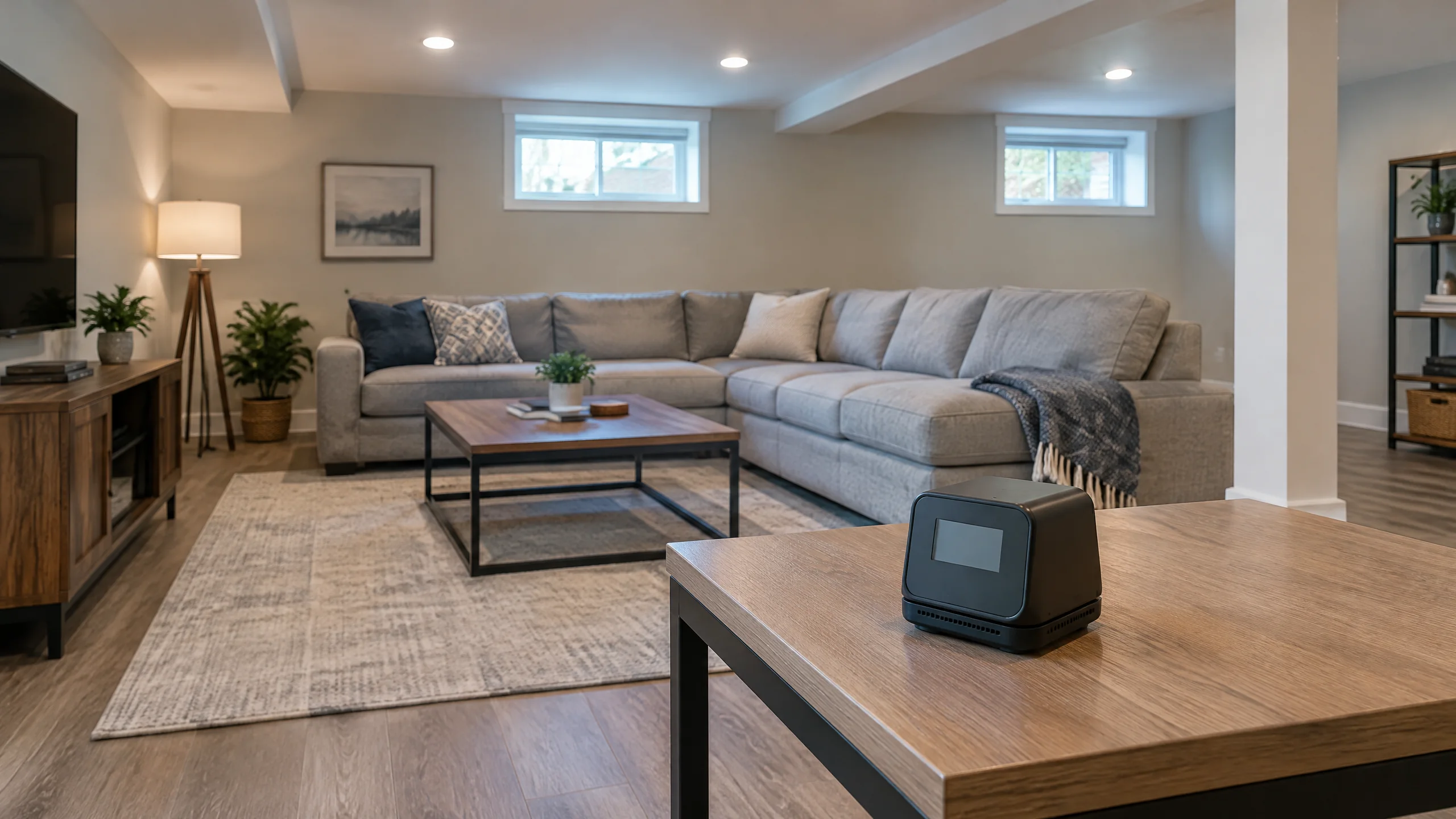 Radon testing in a finished basement Finished basement in a Mason, Ohio home with a neutral sectional sofa, low windows, and a small electronic radon monitor on a plain table with no readable display.