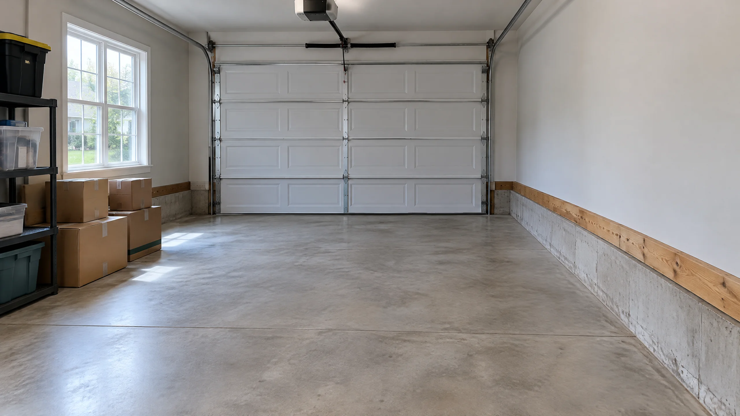 A Milford, Ohio residential garage with cardboard storage boxes neatly moved away from an accessible wood sill and concrete wall, with no people or tools visible.