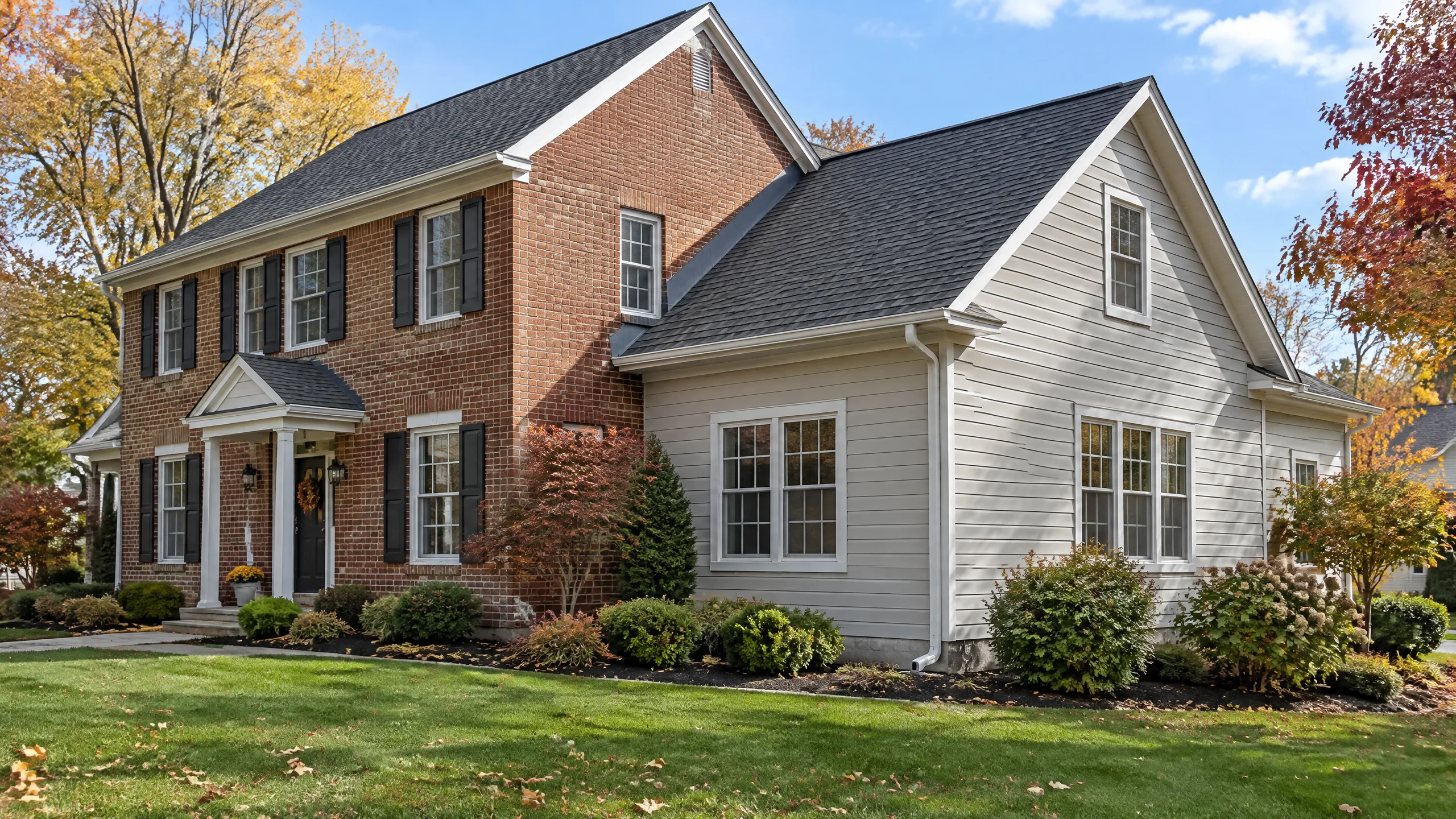 Traditional brick Montgomery, Ohio home with a newer siding addition, intersecting pitched rooflines, and connecting gutter details in autumn daylight.