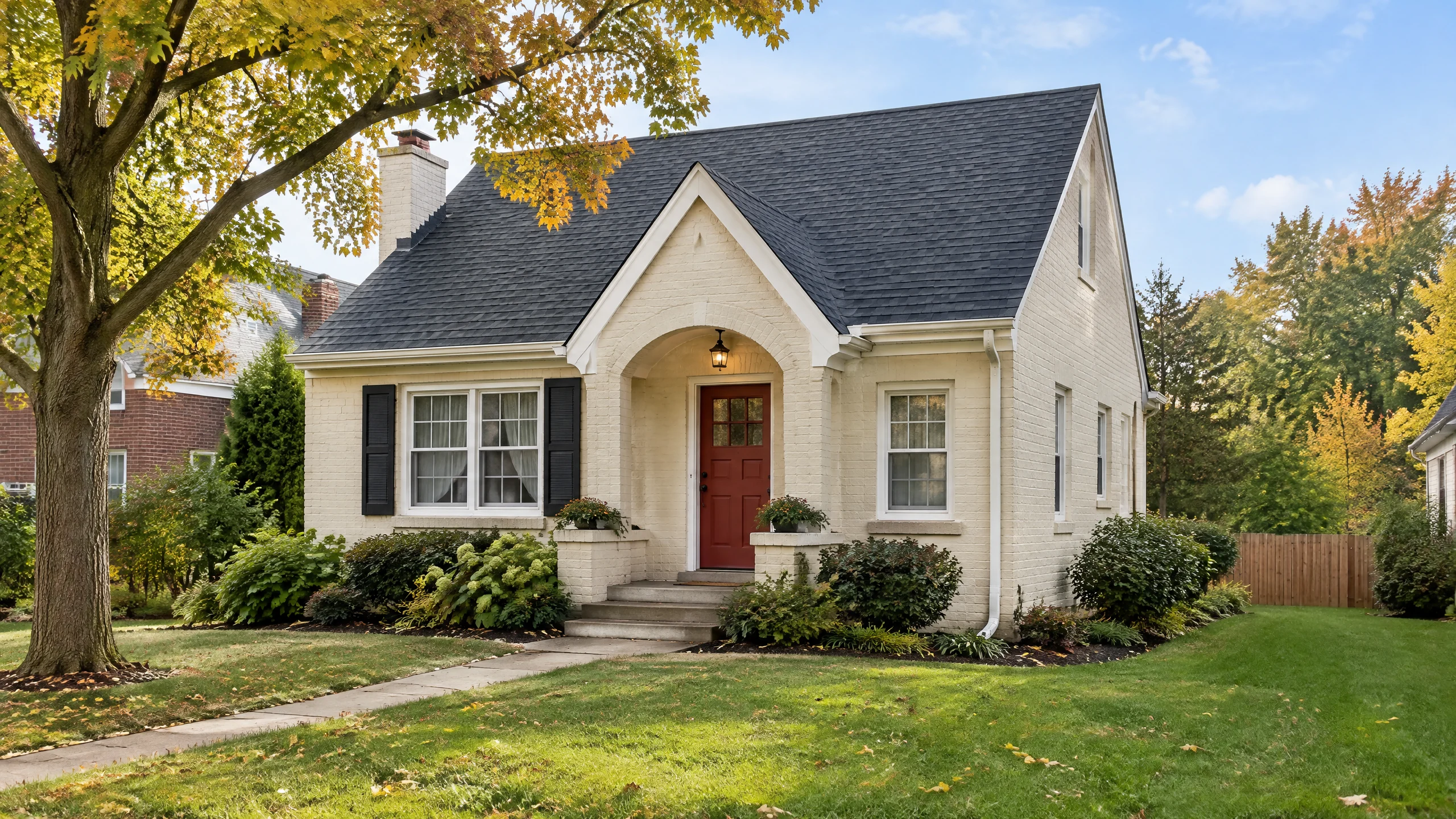 AI-generated cream brick cottage with a red front door, visible roof and gutters, and a clear walkway illustrating pre-listing home inspection planning.